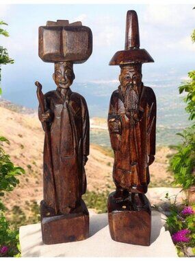 Hand Carved Wood Asian Figurines Decor Man Woman Vintage Missing 1 Stick